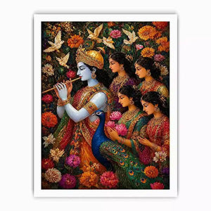 Krishna Garden Canvas Wall Art | Spiritual Indian Painting Print