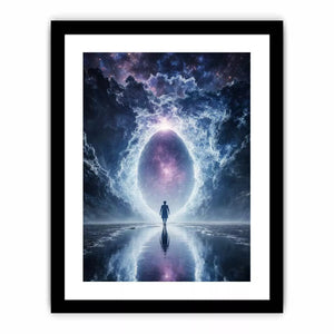 surreal cosmic portal wall art canvas with galaxy sky reflection and silhouette figure modern abstract decor