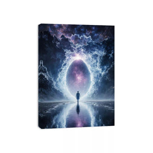surreal cosmic portal wall art canvas with galaxy sky reflection and silhouette figure modern abstract decor