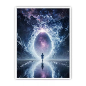 surreal cosmic portal wall art canvas with galaxy sky reflection and silhouette figure modern abstract decor