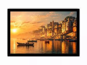 sunset and boat in the Ganga river varanasi india