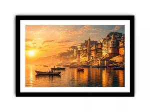 sunset and boat in the Ganga river varanasi india
