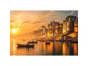 sunset and boat in the Ganga river varanasi india