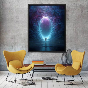 Surreal Cosmic Portal with Ethereal Light and Silhouette Figure – Sci Fi Wall Art Canvas