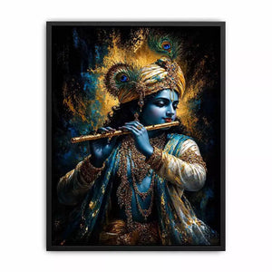 Classic Krishna Flute Portrait with Golden Ornament Detail – Spiritual Wall Art Canvas