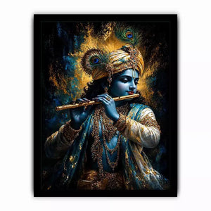 Classic Krishna Flute Portrait with Golden Ornament Detail – Spiritual Wall Art Canvas