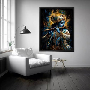 Classic Krishna Flute Portrait with Golden Ornament Detail – Spiritual Wall Art Canvas