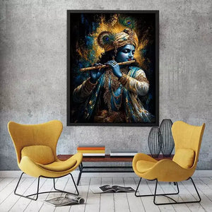 Classic Krishna Flute Portrait with Golden Ornament Detail – Spiritual Wall Art Canvas
