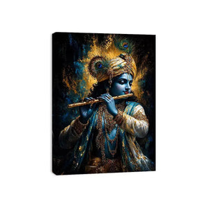 Classic Krishna Flute Portrait with Golden Ornament Detail – Spiritual Wall Art Canvas