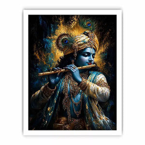 Classic Krishna Flute Portrait with Golden Ornament Detail – Spiritual Wall Art Canvas