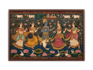 Indian miniature Krishna Raas Leela painting with gopis dancing, lotus pond, traditional spiritual wall art canvas for home decor