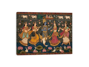 Indian miniature Krishna Raas Leela painting with gopis dancing, lotus pond, traditional spiritual wall art canvas for home decor