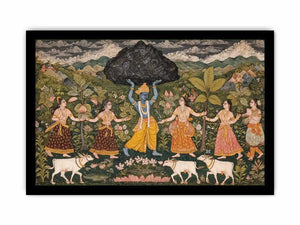 Luxury Krishna Govardhan painting canvas wall art for living room decor USA premium traditional Indian mythology artwork