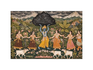 Luxury Krishna Govardhan painting canvas wall art for living room decor USA premium traditional Indian mythology artwork