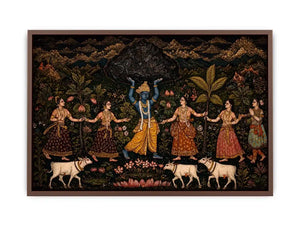 Luxury dark Krishna Govardhan painting canvas wall art for living room decor USA premium traditional Indian mythology artwork