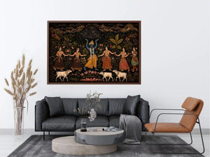 Luxury dark Krishna Govardhan painting canvas wall art for living room decor USA premium traditional Indian mythology artwork