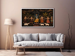 Luxury dark Krishna Govardhan painting canvas wall art for living room decor USA premium traditional Indian mythology artwork