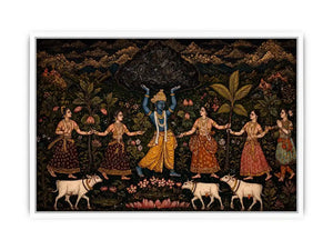 Luxury dark Krishna Govardhan painting canvas wall art for living room decor USA premium traditional Indian mythology artwork