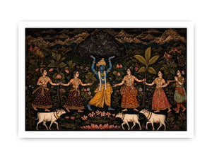 Luxury dark Krishna Govardhan painting canvas wall art for living room decor USA premium traditional Indian mythology artwork