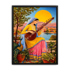 Indian woman playing sitar sunset wall art boho colorful cultural canvas decor