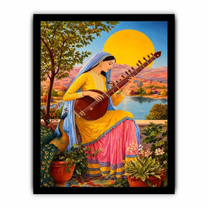 Indian woman playing sitar sunset wall art boho colorful cultural canvas decor
