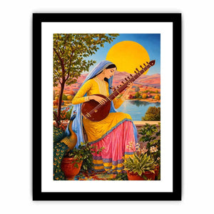 Indian woman playing sitar sunset wall art boho colorful cultural canvas decor