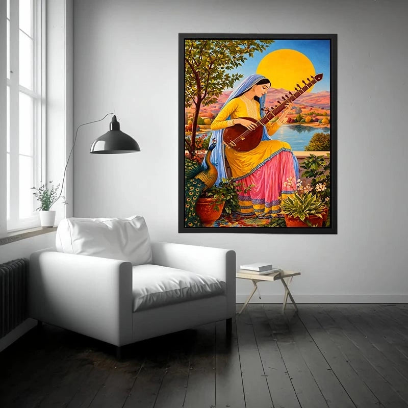 Indian woman playing sitar sunset wall art boho colorful cultural canvas decor