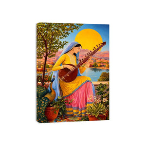 Indian woman playing sitar sunset wall art boho colorful cultural canvas decor