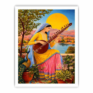 Indian woman playing sitar sunset wall art boho colorful cultural canvas decor