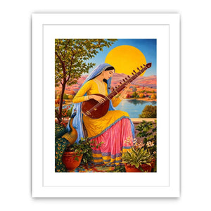 Indian woman playing sitar sunset wall art boho colorful cultural canvas decor