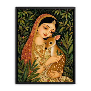 Indian miniature painting woman holding deer in forest serene traditional art wall decor