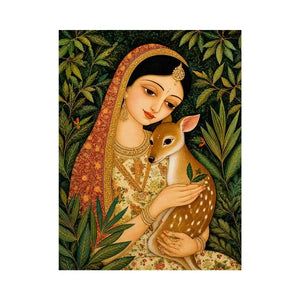 Indian miniature painting woman holding deer in forest serene traditional art wall decor