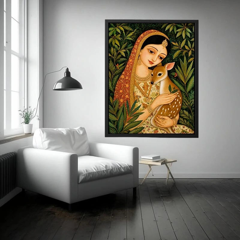 Indian miniature painting woman holding deer in forest serene traditional art wall decor