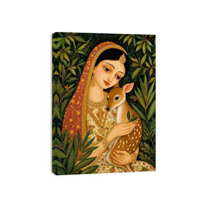 Indian miniature painting woman holding deer in forest serene traditional art wall decor