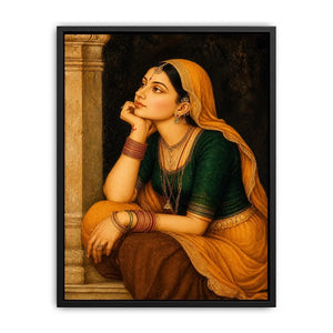 Vintage Indian woman portrait painting wearing golden veil sitting thoughtfully traditional royal art wall decor