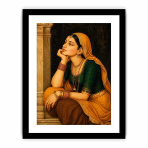 Vintage Indian woman portrait painting wearing golden veil sitting thoughtfully traditional royal art wall decor
