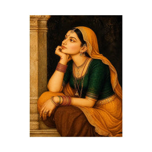 Vintage Indian woman portrait painting wearing golden veil sitting thoughtfully traditional royal art wall decor