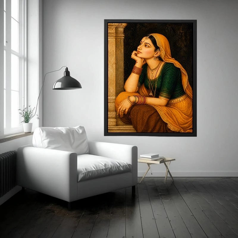 Vintage Indian woman portrait painting wearing golden veil sitting thoughtfully traditional royal art wall decor