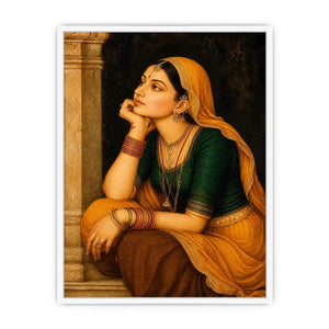 Vintage Indian woman portrait painting wearing golden veil sitting thoughtfully traditional royal art wall decor