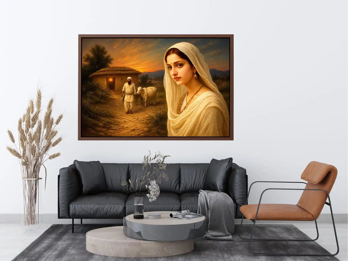 Indian village woman portrait sunset rural scene cow hut traditional painting wall decor