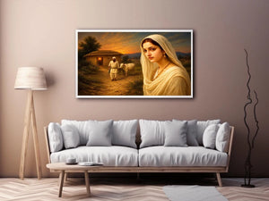 Indian village woman portrait sunset rural scene cow hut traditional painting wall decor