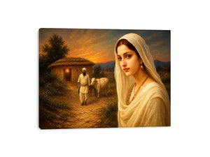 Indian village woman portrait sunset rural scene cow hut traditional painting wall decor