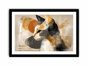 abstract cat painting neutral tones gold accents modern minimalist wall art canvas decor