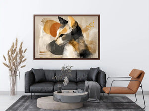 abstract cat painting neutral tones gold accents modern minimalist wall art canvas decor