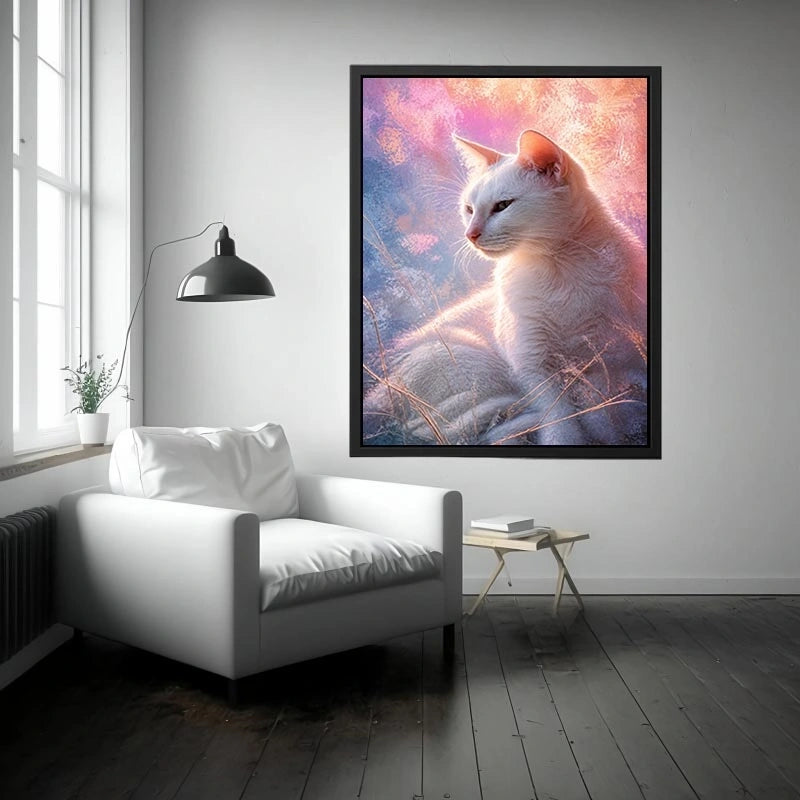 dreamy white cat pastel background ethereal soft light animal wall art canvas decor