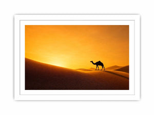 desert camel silhouette sunset sand dunes golden light minimalist wall art canvas decor