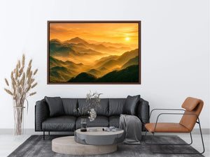misty mountain landscape sunrise golden light layered hills nature wall art canvas decor