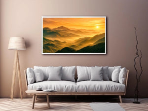misty mountain landscape sunrise golden light layered hills nature wall art canvas decor
