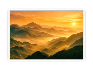 misty mountain landscape sunrise golden light layered hills nature wall art canvas decor