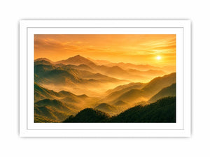 misty mountain landscape sunrise golden light layered hills nature wall art canvas decor
